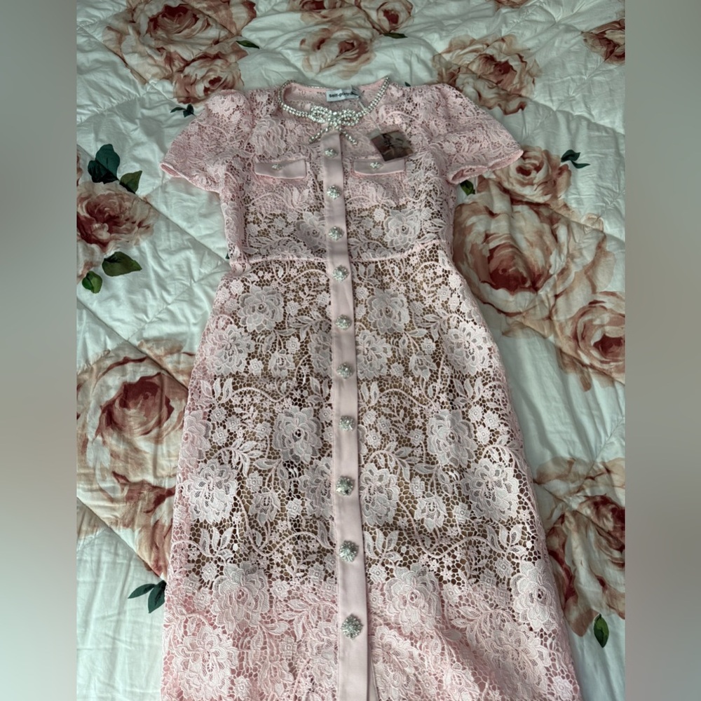 Self-Portrait PINK LACE DIAMANTE BOW MIDI DRESS Size 8 NWT. - Picture 5 of 7